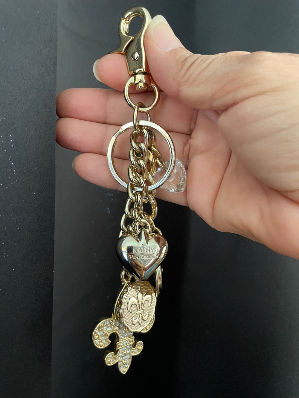 Kathy Van Zeeland Gold-Tone Fleur-de-Lis Crystal Charm Keychain - Picture 8 of 11